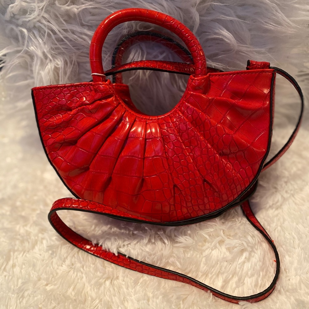 Red Round Handel Satchel Purse Vegan Leather